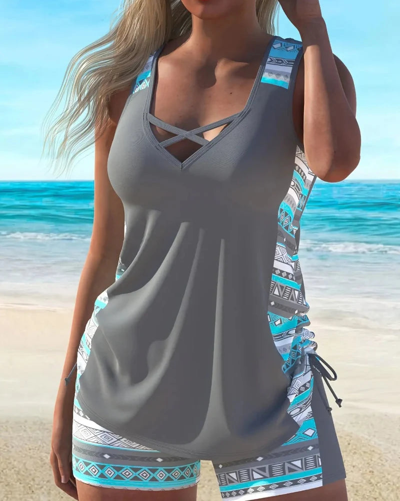 Tankini boho stampato con spalline incrociate e coulisse