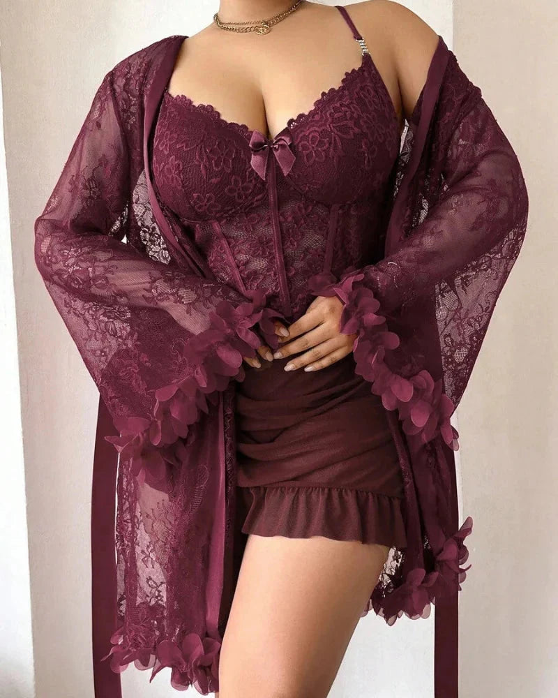 Camicia da notte in pizzo con vestaglia velata a maniche larghe taglie comode