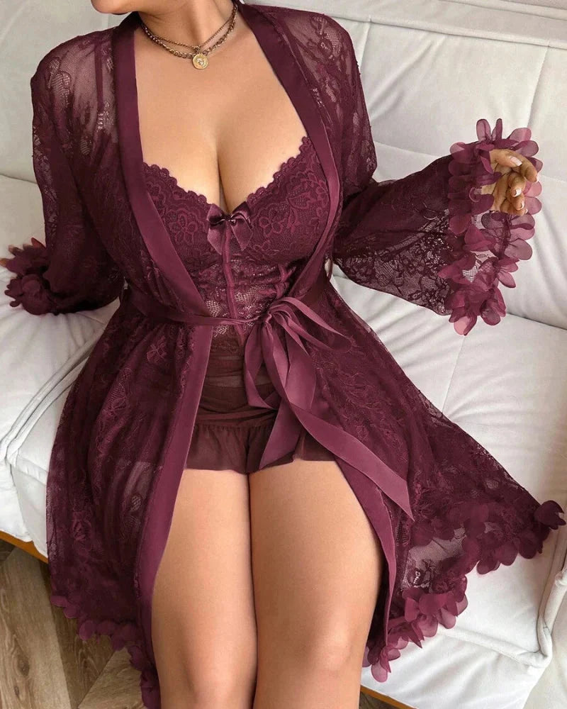 Camicia da notte in pizzo con vestaglia velata a maniche larghe taglie comode