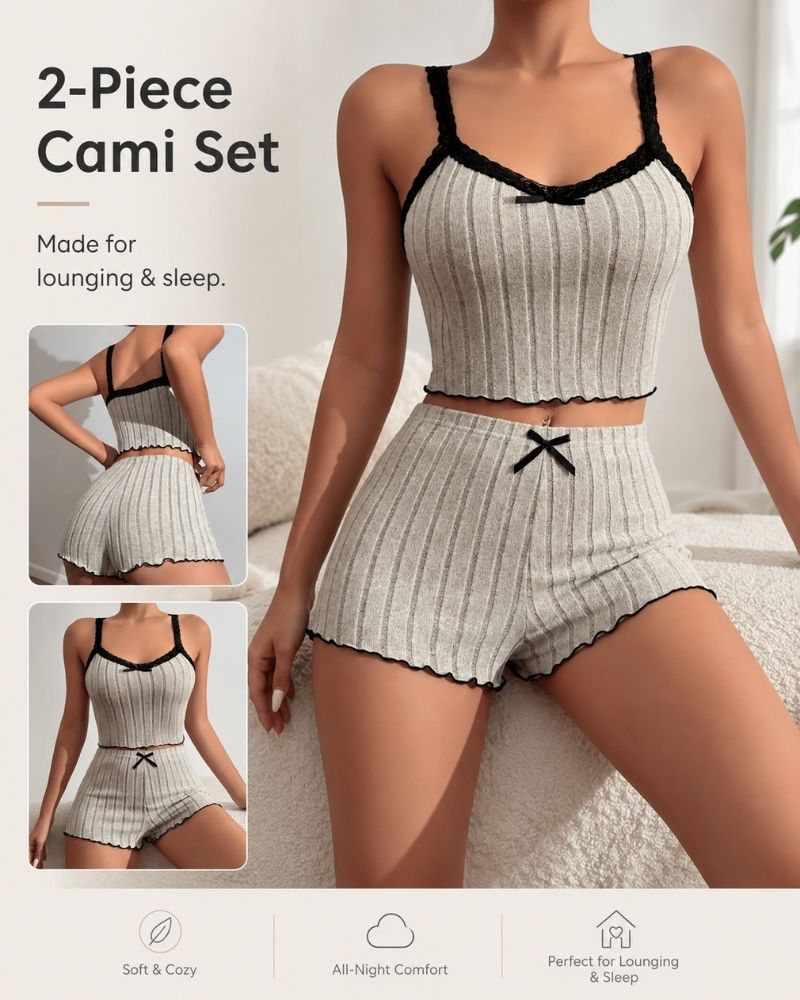 Pigiama canotta e pantaloncini con pizzo e fiocco