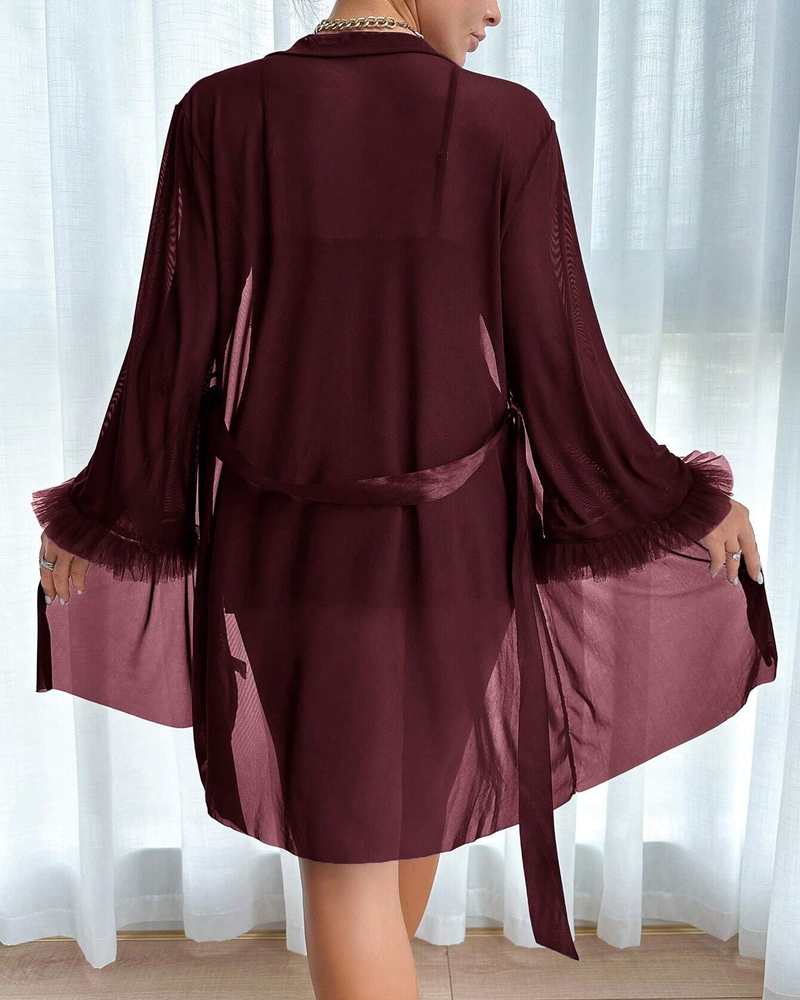 Camicia da notte in pizzo con vestaglia velata a maniche larghe