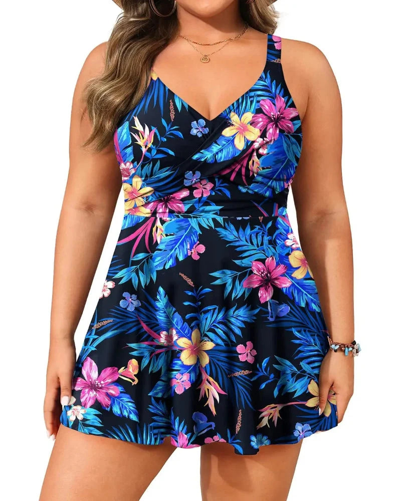 Tankini a vestitino taglie comode con pantaloncino e controllo pancia
