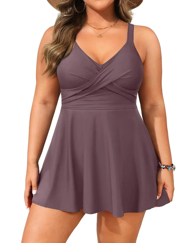 Tankini a vestitino taglie comode con pantaloncino e controllo pancia