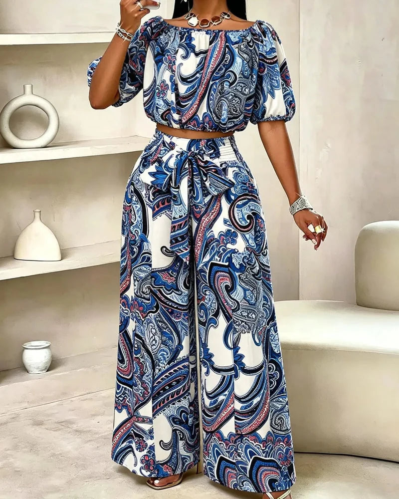 Completo 2 pezzi paisley top con spalle scoperte e pantaloni a gamba larga