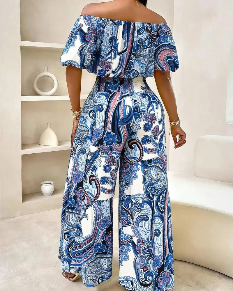 Completo 2 pezzi paisley top con spalle scoperte e pantaloni a gamba larga