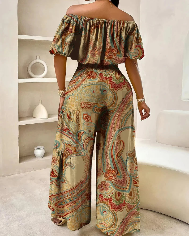 Completo 2 pezzi paisley top con spalle scoperte e pantaloni a gamba larga