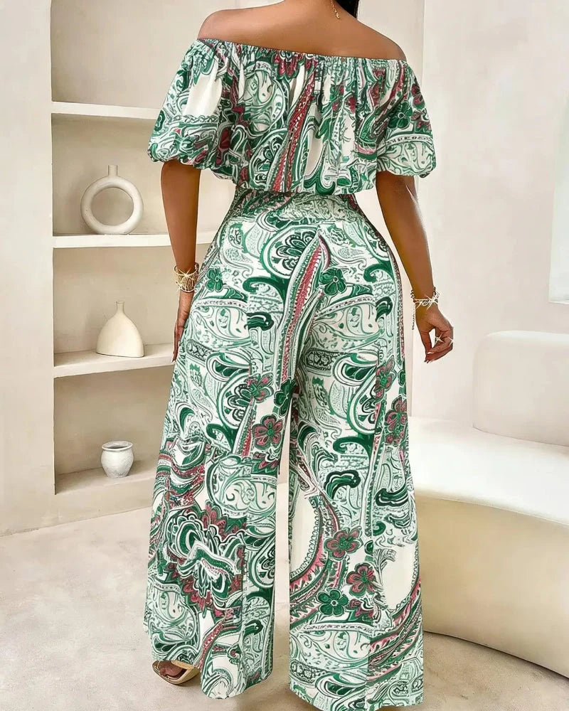 Completo 2 pezzi paisley top con spalle scoperte e pantaloni a gamba larga