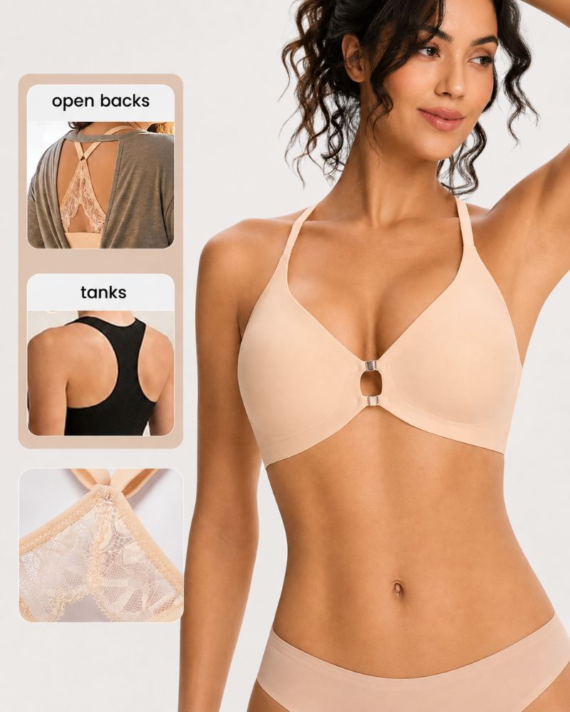 Reggiseno in pizzo senza ferretto scollato con chiusura frontale e schiena a vogatore