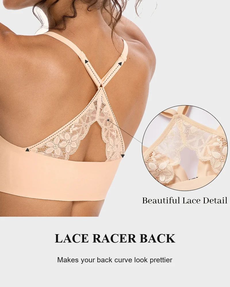 Reggiseno in pizzo senza ferretto scollato con chiusura frontale e schiena a vogatore