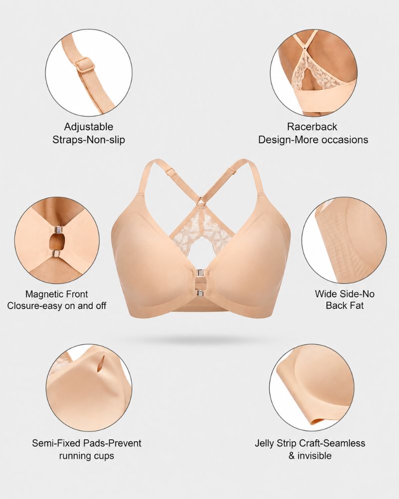 Reggiseno in pizzo senza ferretto scollato con chiusura frontale e schiena a vogatore