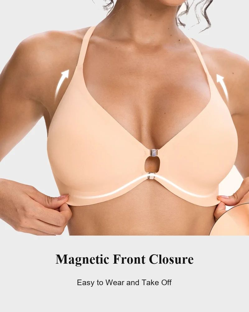 Reggiseno in pizzo senza ferretto scollato con chiusura frontale e schiena a vogatore