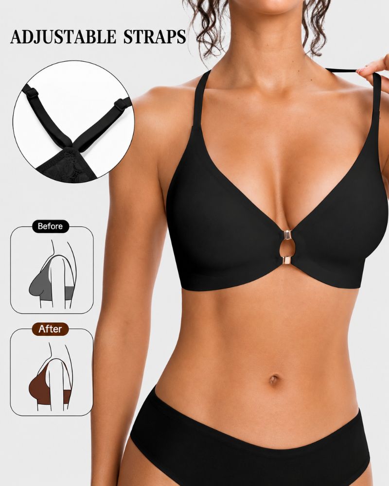 Reggiseno in pizzo senza ferretto scollato con chiusura frontale e schiena a vogatore