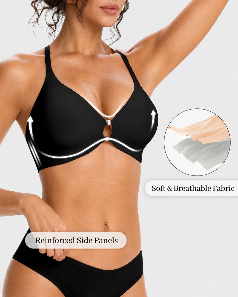 Reggiseno in pizzo senza ferretto scollato con chiusura frontale e schiena a vogatore