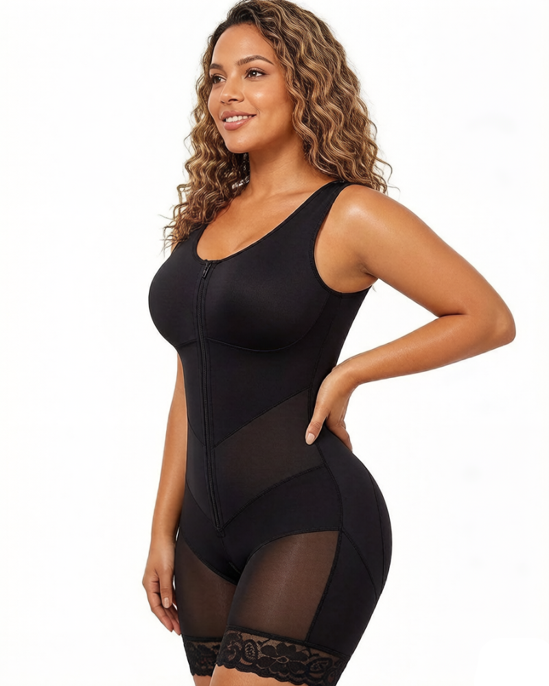 Body modellante con zip frontale e controllo pancia