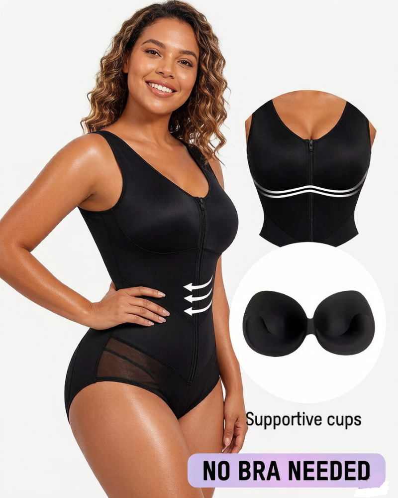 Body modellante con zip frontale e controllo pancia