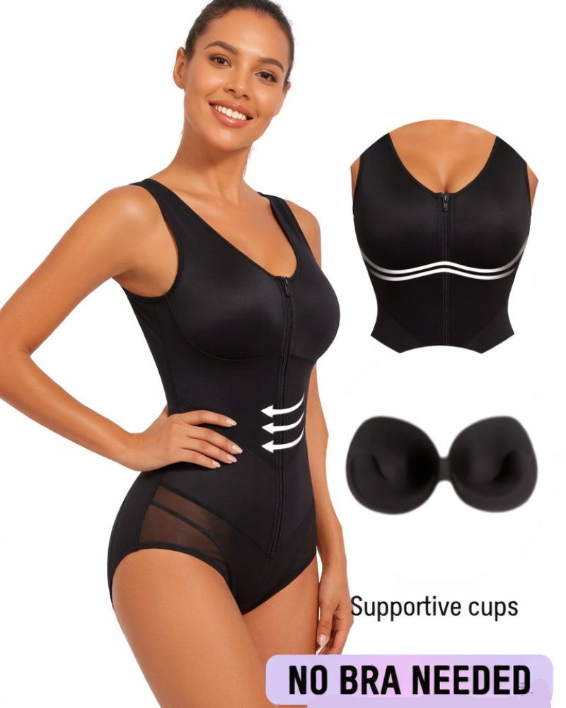 Body modellante con zip frontale e controllo pancia