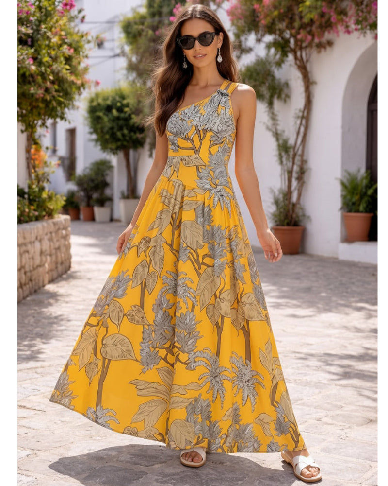 Costume monospalla a stampa botanica gialla con gonna copricostume