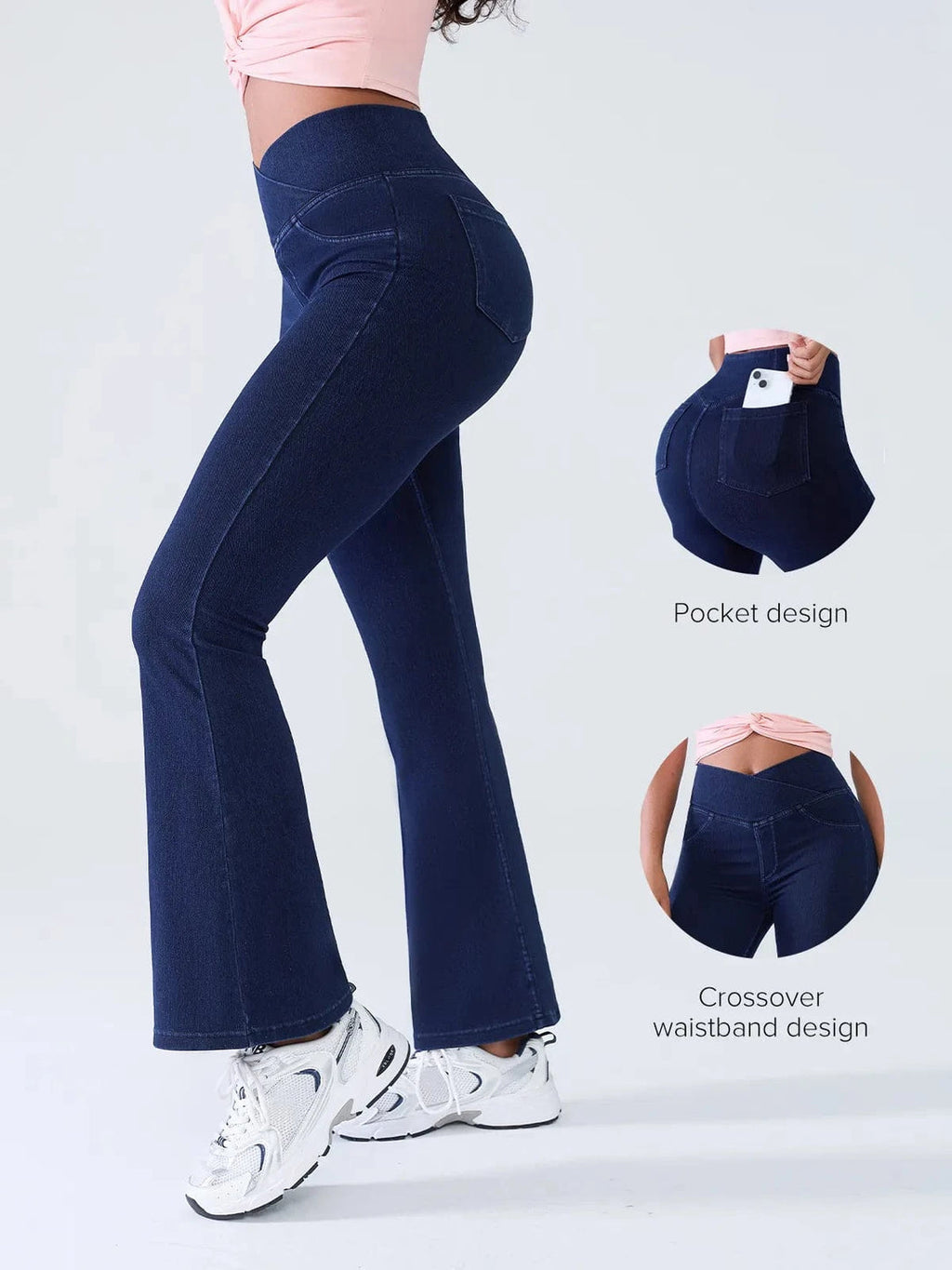 Leggings modellanti effetto jeans con vita incrociata e tasche laterali