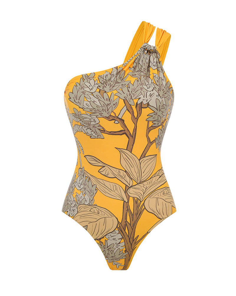Costume monospalla a stampa botanica gialla con gonna copricostume