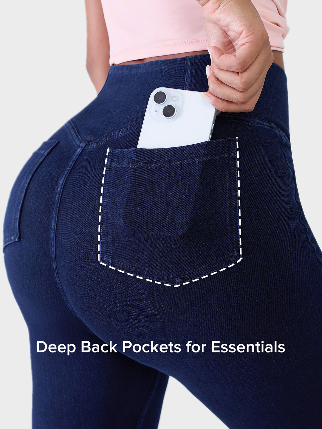Leggings modellanti effetto jeans con vita incrociata e tasche laterali