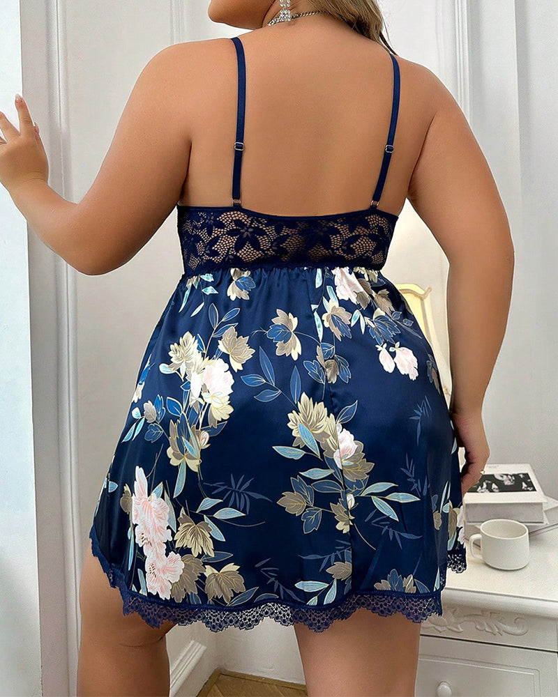 Camicia da notte in pizzo ricamato floreale velato con perizoma taglie comode