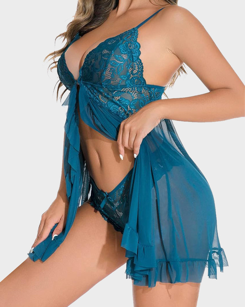 Camicia da notte in pizzo e rete trasparente con perizoma coordinato