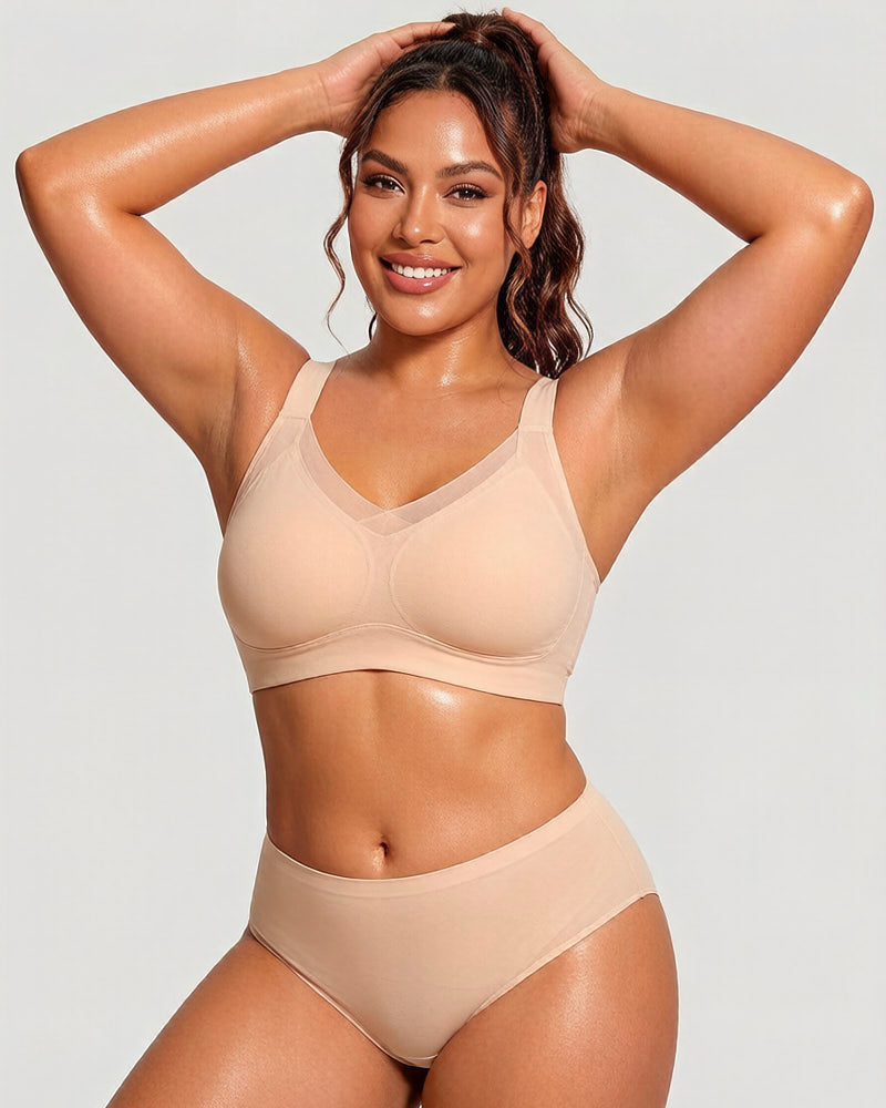 Bralette contenitiva senza ferretto con rete a V