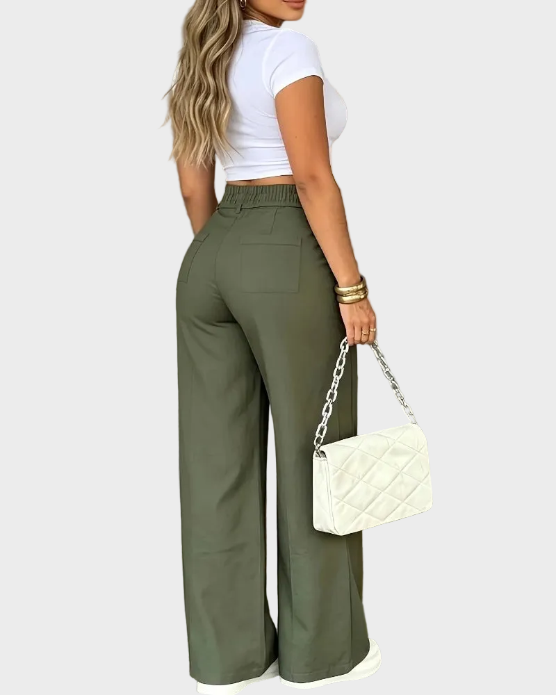 Pantaloni casual a gamba larga con pieghe a vita alta
