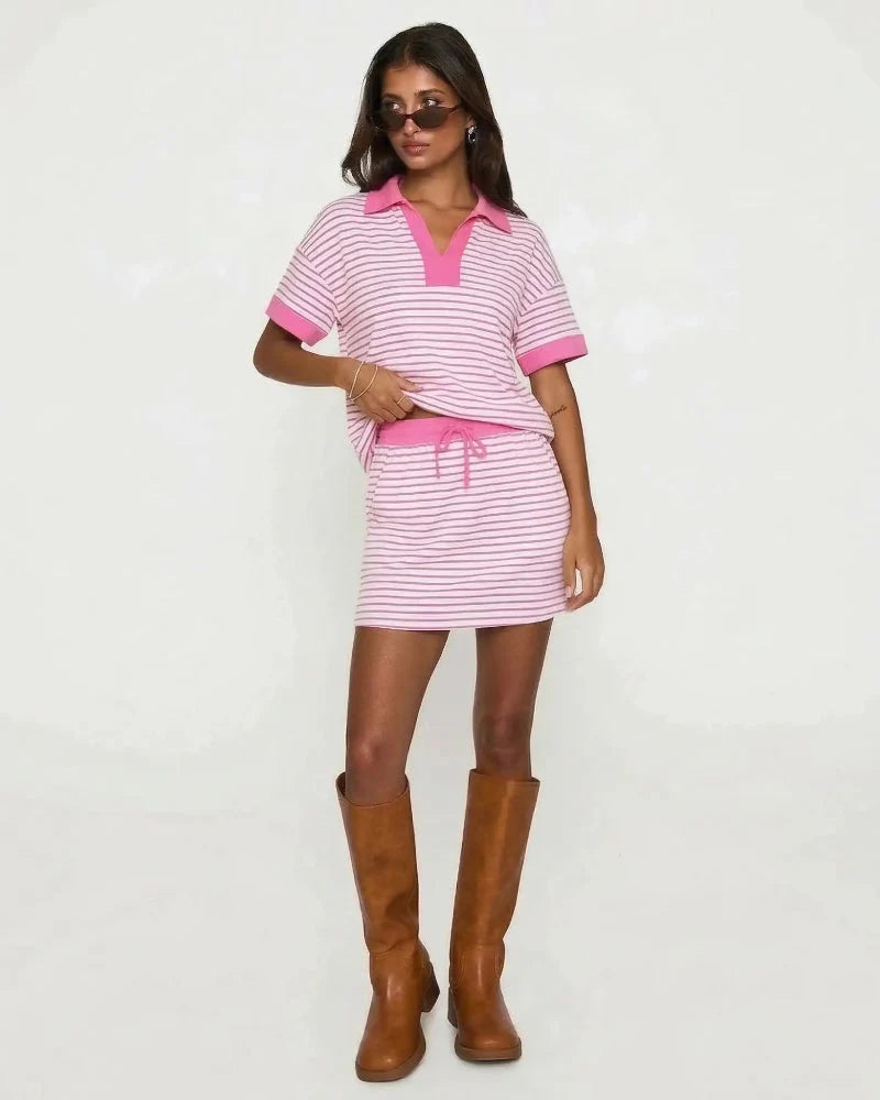 Completo 2 pezzi polo con scollo a V e gonna-pantalone