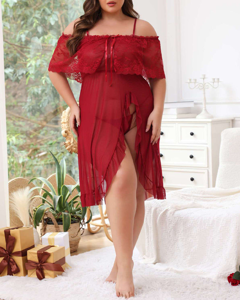 Camicia da notte in pizzo velato con slip taglie comode