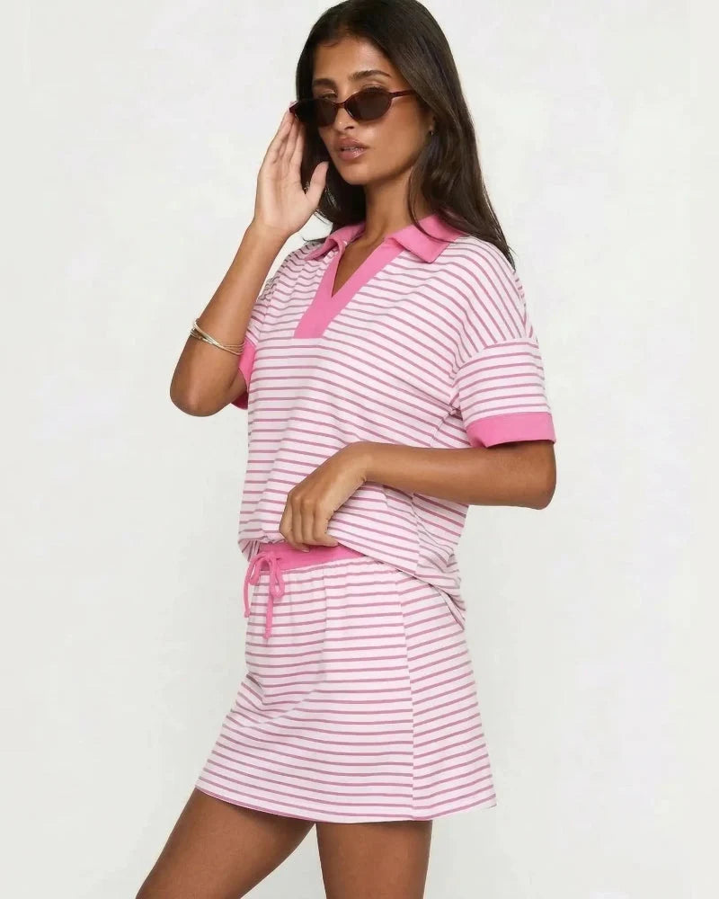 Completo 2 pezzi polo con scollo a V e gonna-pantalone