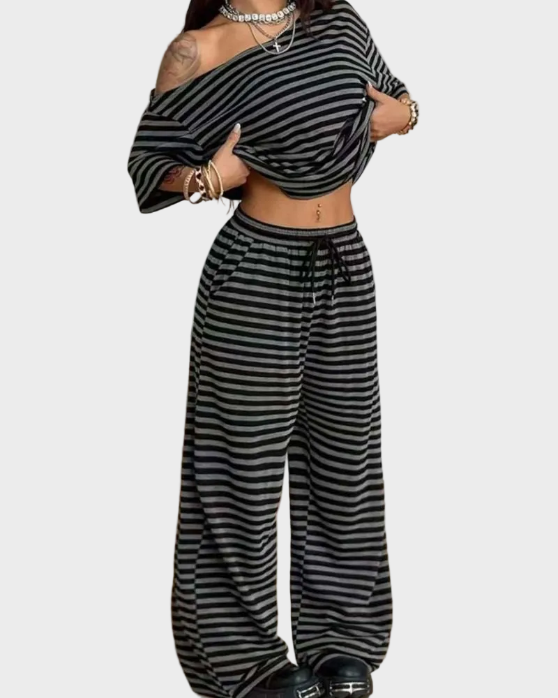 Completo 2 pezzi a righe con spalle scoperte e pantaloni a gamba larga