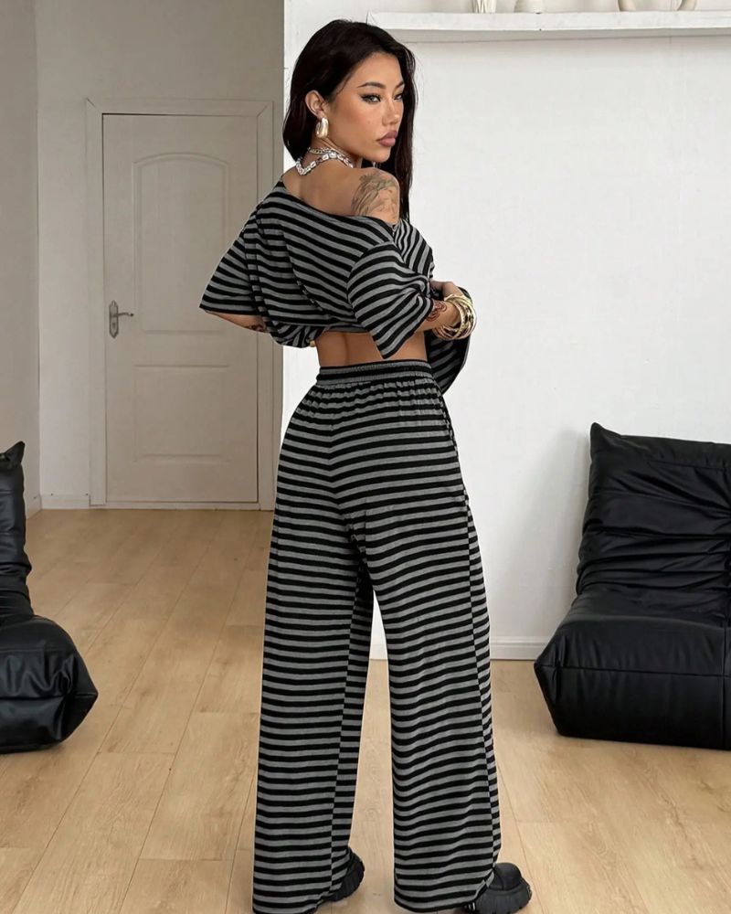 Completo 2 pezzi a righe con spalle scoperte e pantaloni a gamba larga