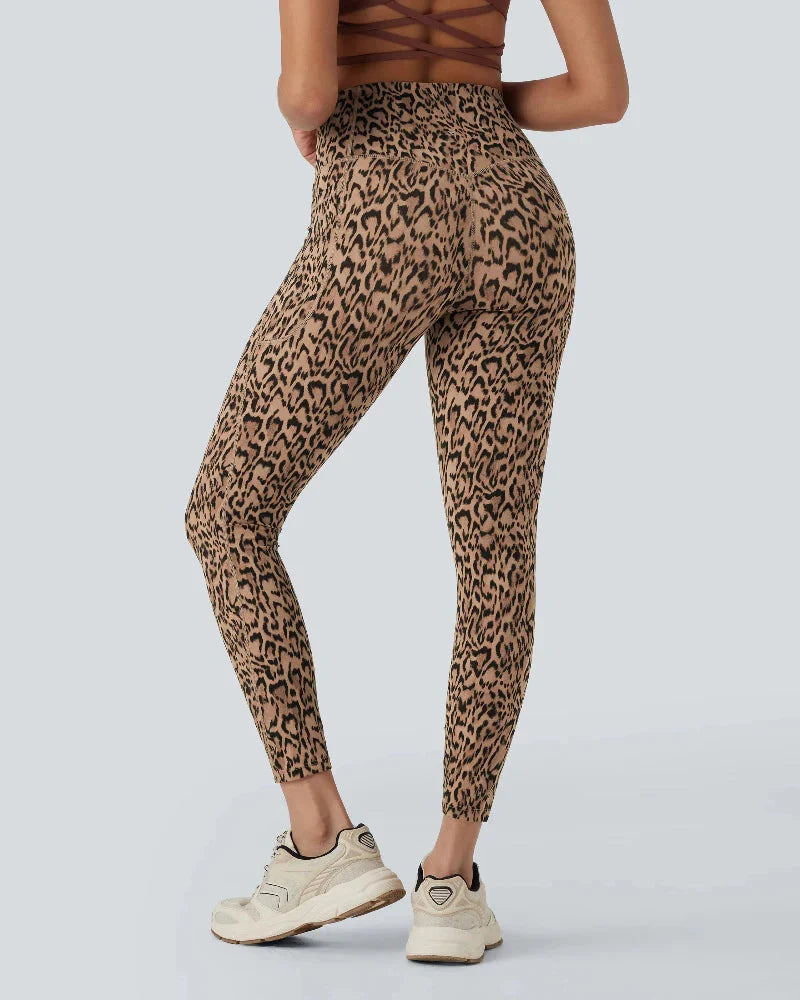 Leggings sportivi leopardati a vita alta con controllo pancia e tasche laterali