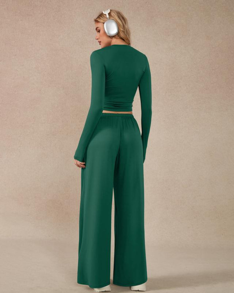 Completo sportivo 2 pezzi crop top a maniche lunghe e pantaloni a gamba larga