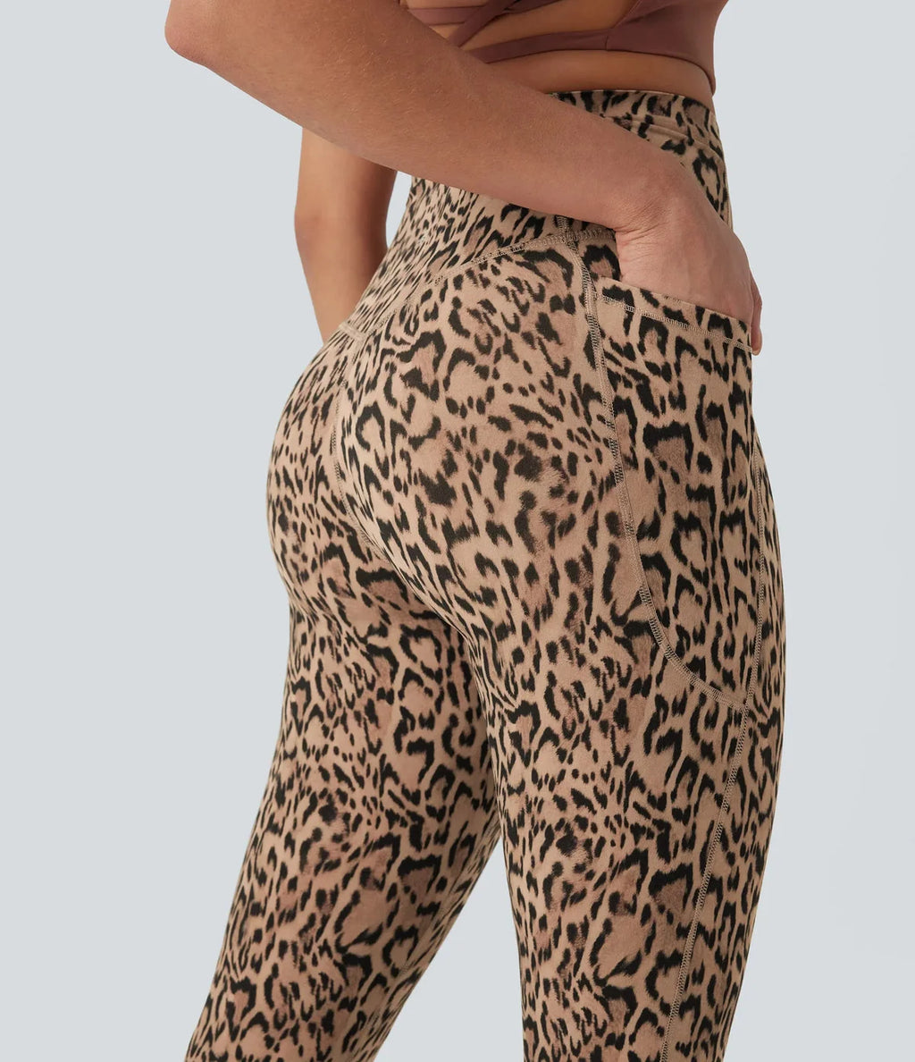Leggings sportivi leopardati a vita alta con controllo pancia e tasche laterali