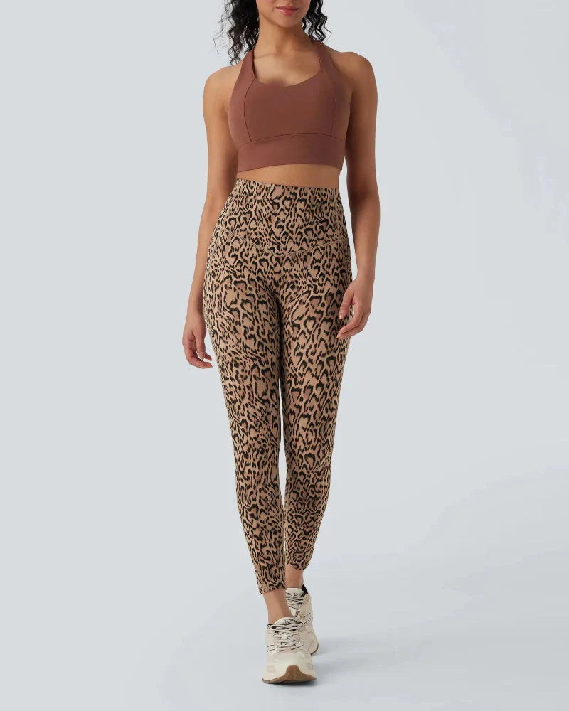 Leggings sportivi leopardati a vita alta con controllo pancia e tasche laterali
