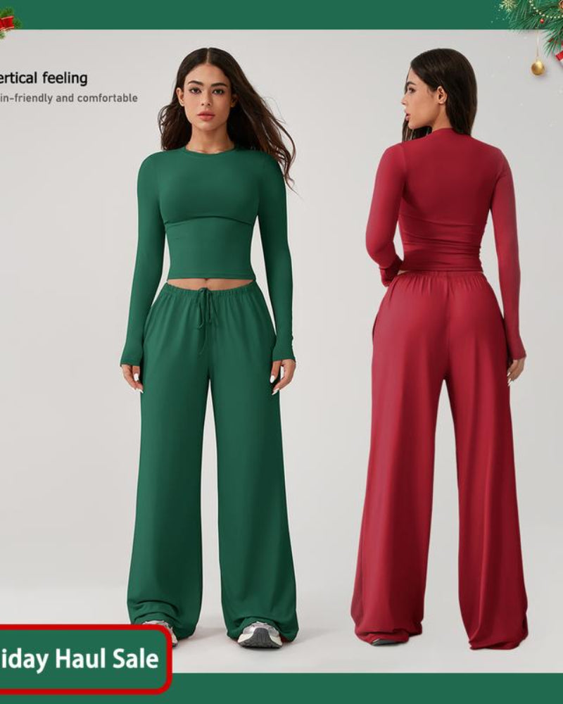Completo sportivo 2 pezzi crop top a maniche lunghe e pantaloni a gamba larga