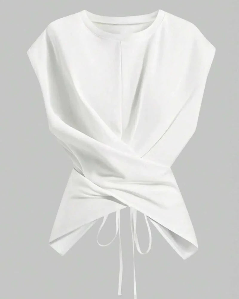 Maglia girocollo con spalle scese e schiena incrociata