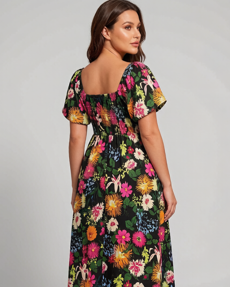 Abito midi floreale arricciato con scollo quadrato e tasche