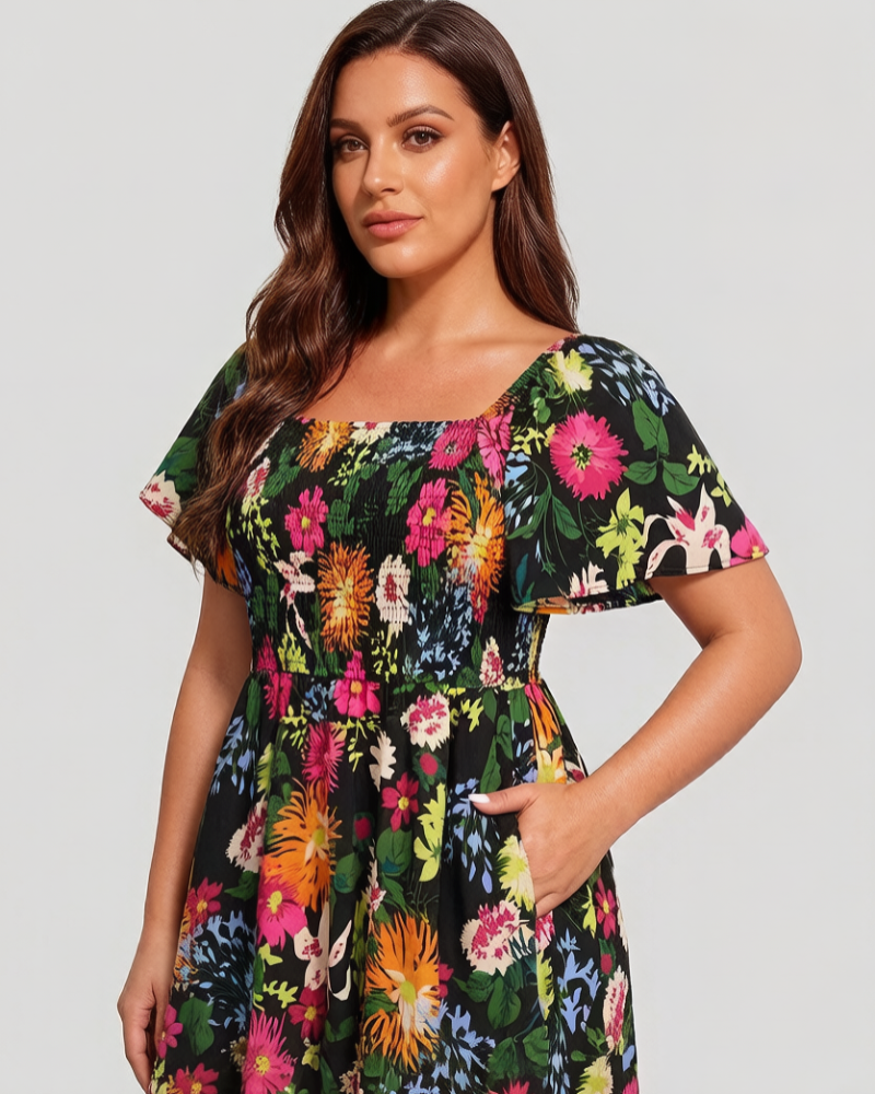 Abito midi floreale arricciato con scollo quadrato e tasche