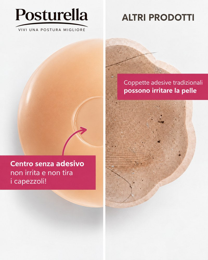 Confronto tra la coppetta Posturella senza adesivo al centro e le coppette adesive tradizionali