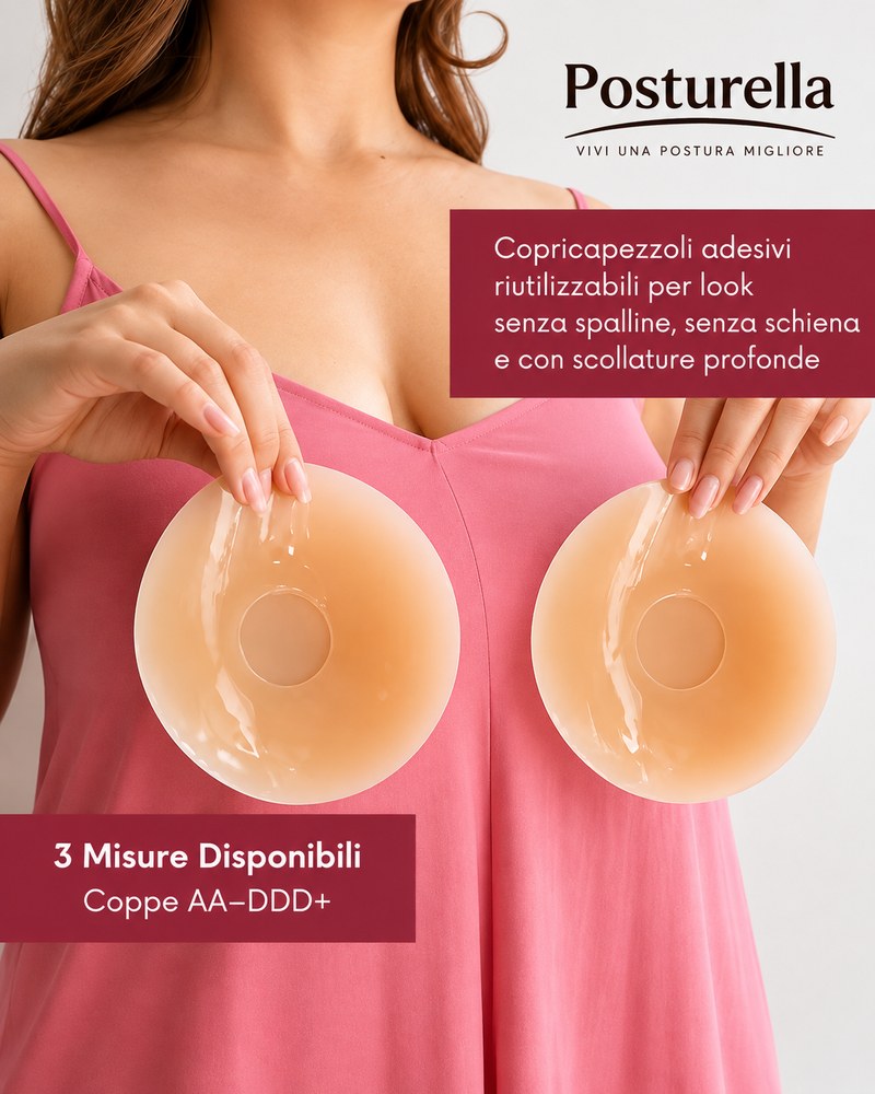 Copricapezzoli adesivi indossati da una modella, 3 misure disponibili