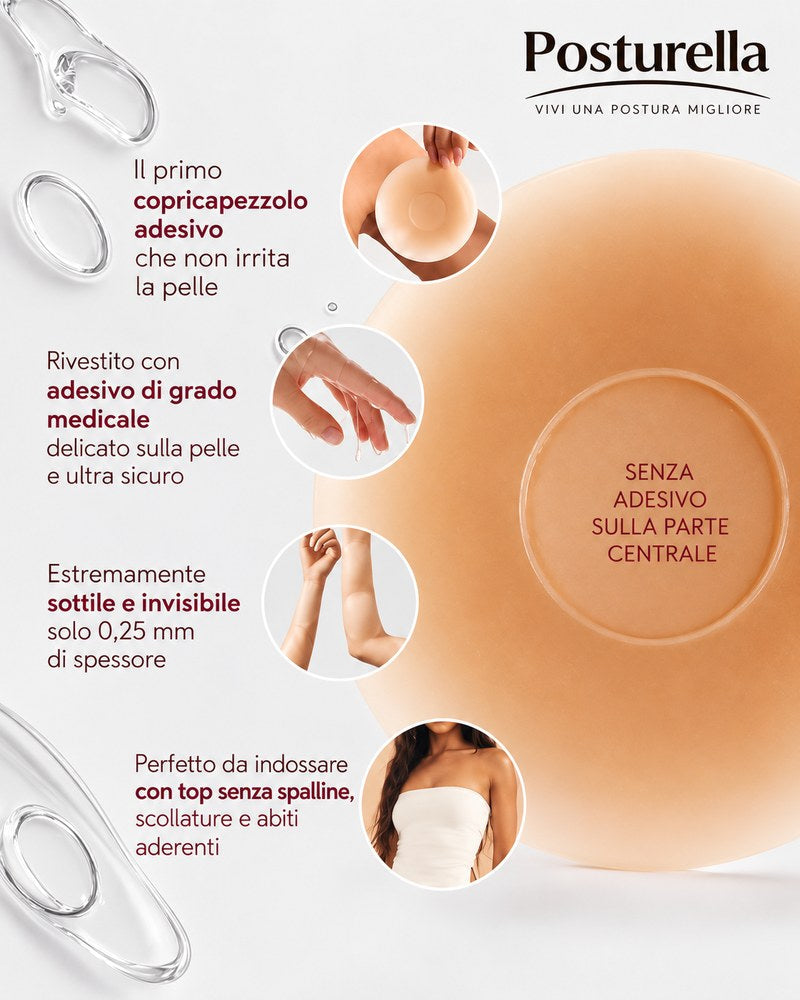 Infografica del copricapezzolo adesivo Posturella: sottile, adesivo di grado medicale e invisibile