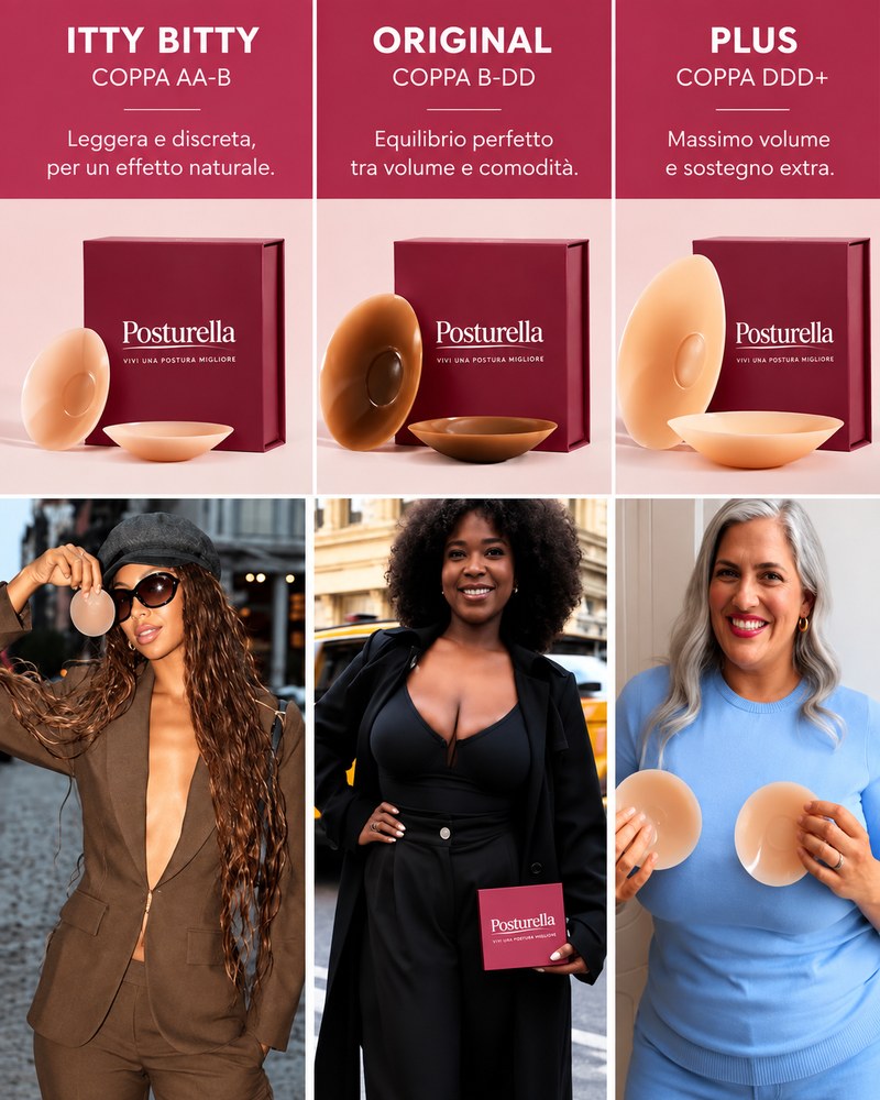 Le tre misure di copricapezzoli Posturella indossate ogni giorno da donne diverse
